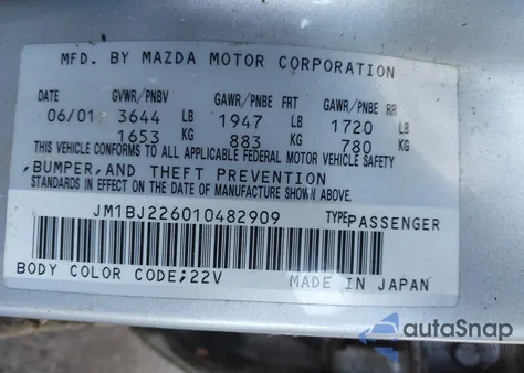 2001 Mazda Protege Es/Lx from USA, damaged, VIN JM1BJ226010482909